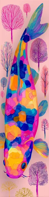 Free printable fish bookmark featuring bold neon with pink trees fish